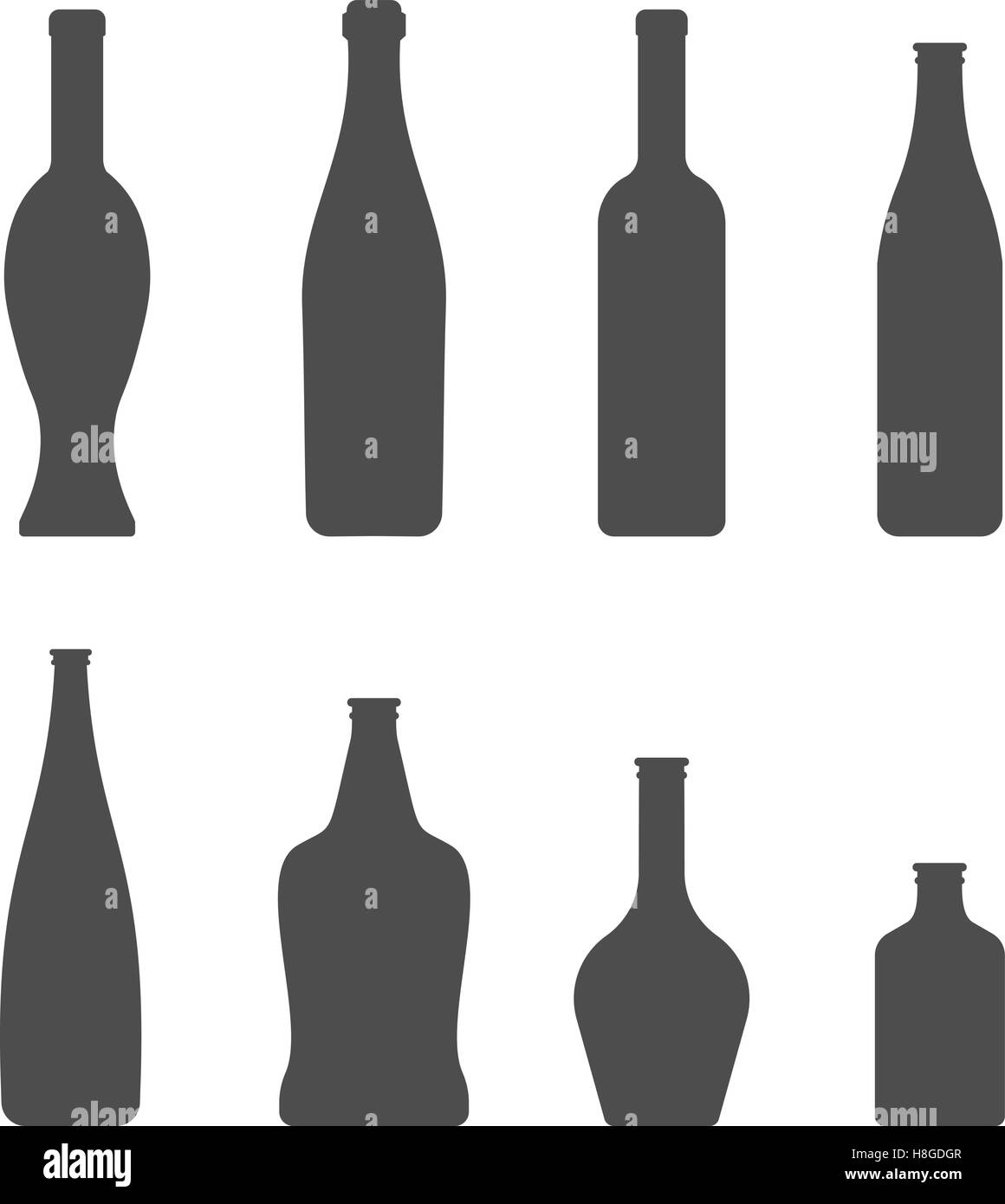 Set di bottiglie di vetro icone vettoriali. Vino, birra, whisky, liquore, champagne e altre bottiglie silhouette o simbolo Illustrazione Vettoriale