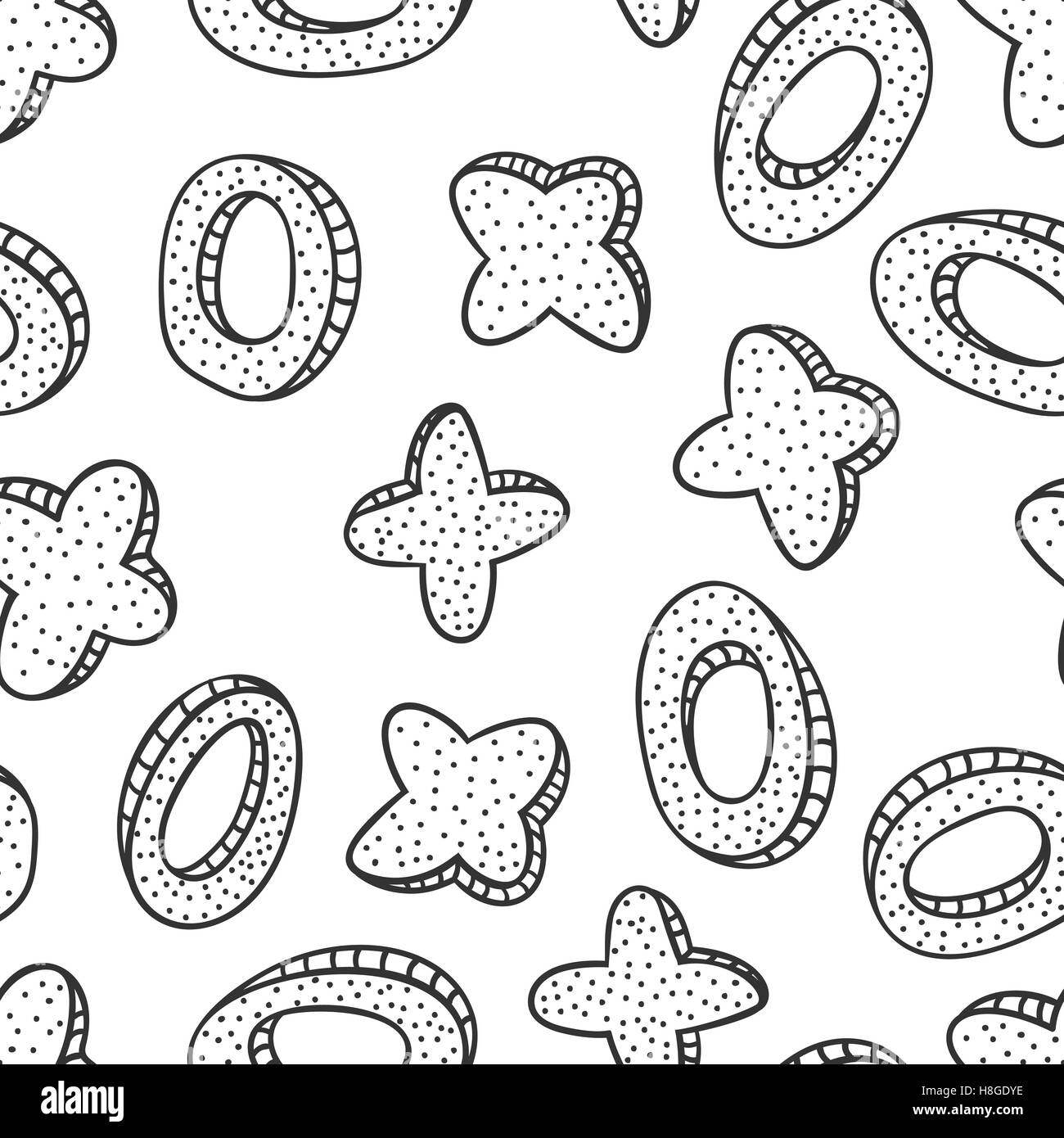 Doodled seamless disegno vettoriale da croci e anelli. Infinite sfondo vettoriale tic-tac-toe tema. Disegnato a mano il picchiettio di astratto Illustrazione Vettoriale
