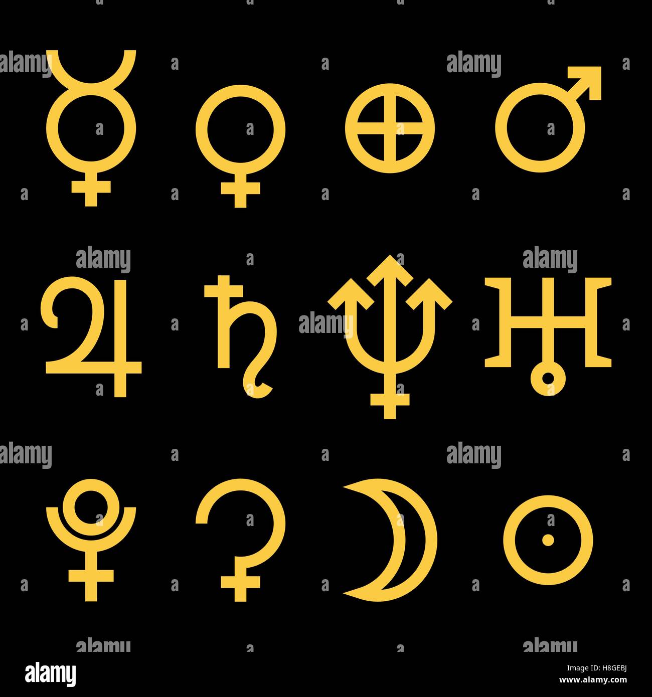 Zodiaco e astrologia i simboli dei pianeti. Illustrazione Vettoriale Illustrazione Vettoriale