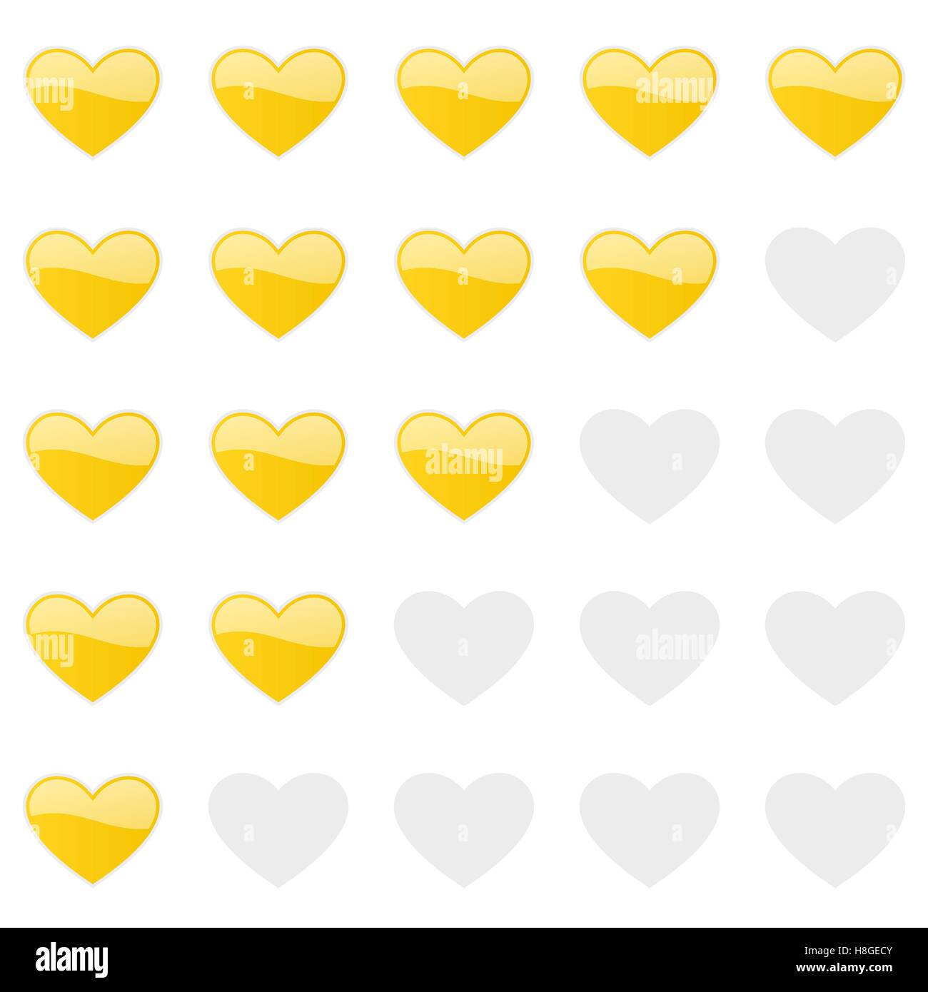 Cuori di rating pannello. Recensione dei clienti, voto barra di navigazione. La soddisfazione di vettore, come simbolo di livello. Illustrazione Vettoriale Illustrazione Vettoriale