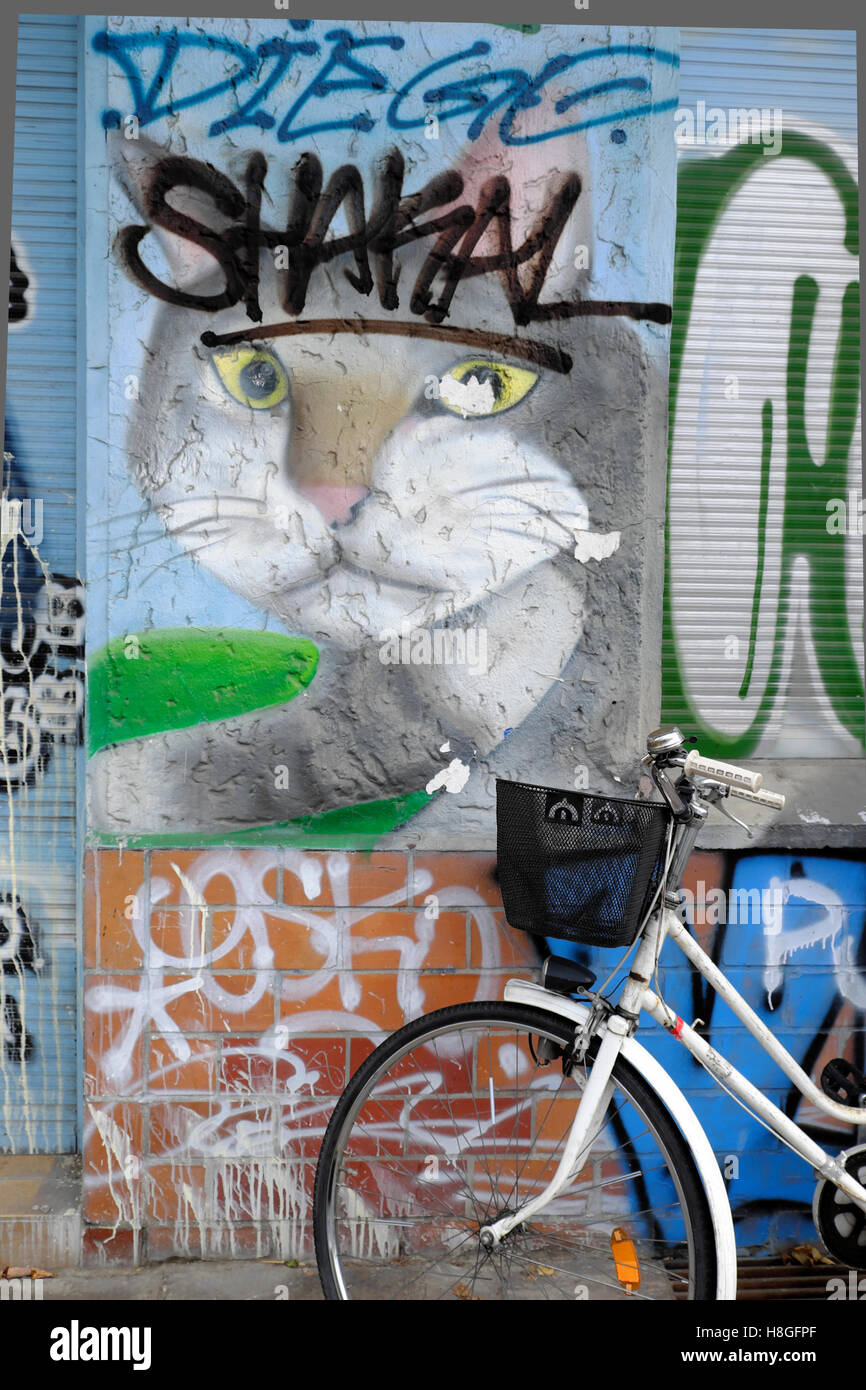 Gatto graffiti su un muro in Danziger Street, Prenzlauer Berg Berlin KATHY DEWITT Foto Stock