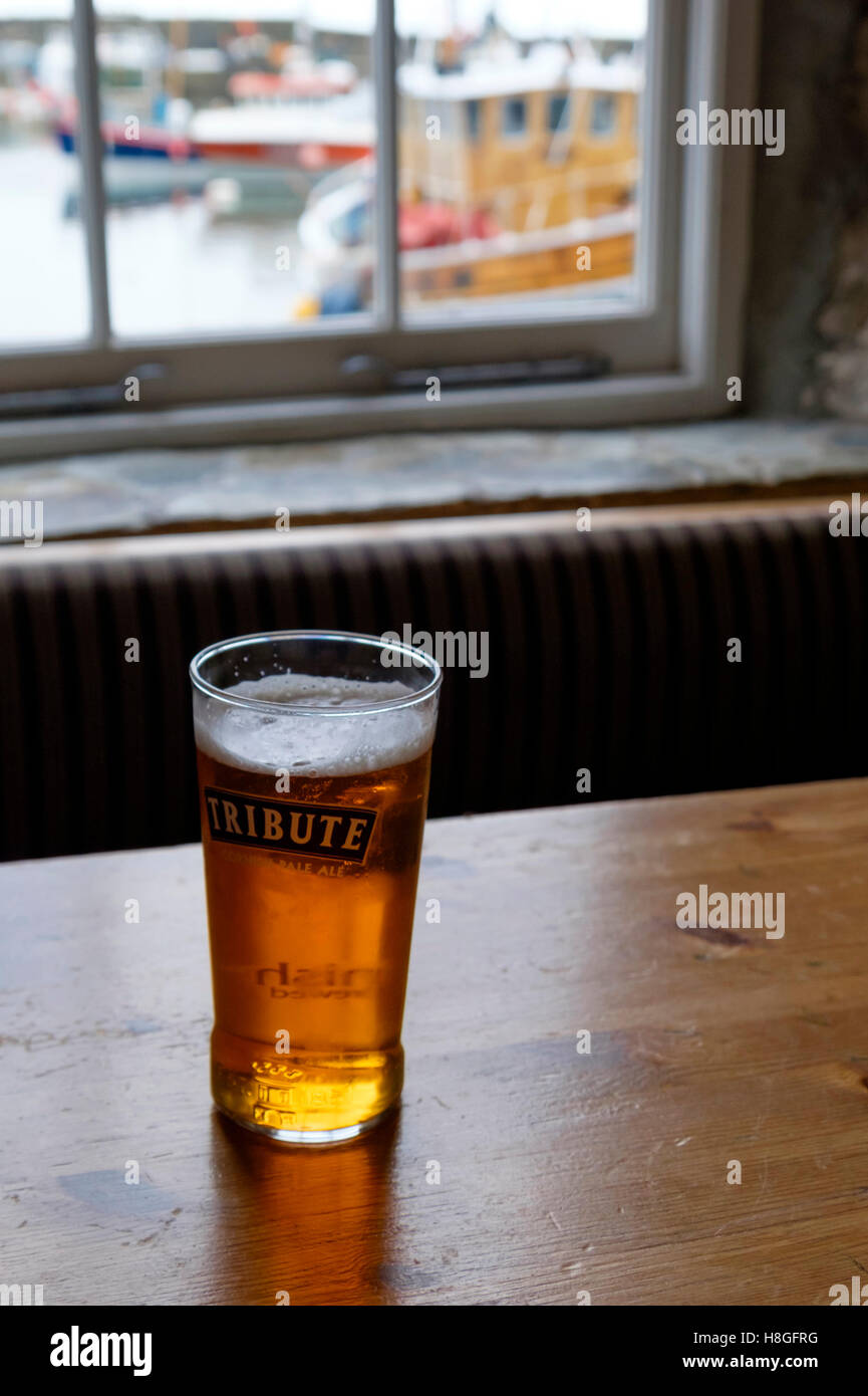 Mevagissey un villaggio ed un porto di pesca in Cornwall Inghilterra Sharksfin bar e ristorante la pinta di birra omaggio Foto Stock