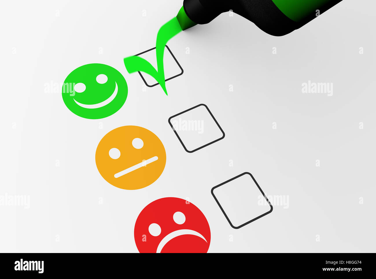 La soddisfazione del cliente felice valutazione di feedback e lista di controllo di qualità aziendale il concetto di valutazione illustrazione. Foto Stock