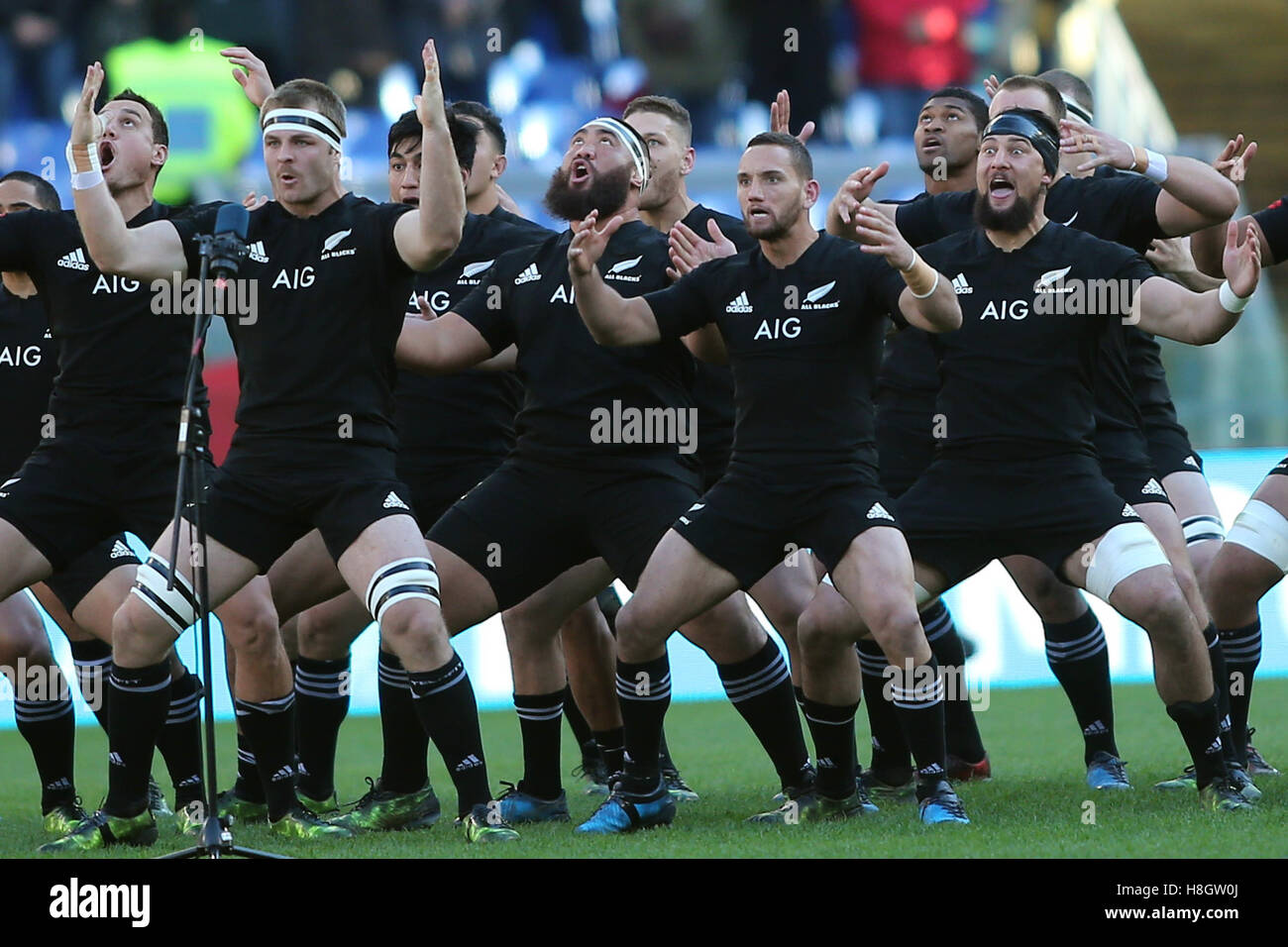 Stadio Olimpico di Roma, Italia. 12 Novembre, 2016. Test match rugby 2016 Italia contro la Nuova Zelanda . La Nuova Zelanda team effettuano la Haka danza. Credito: marco iacobucci/Alamy Live News Foto Stock