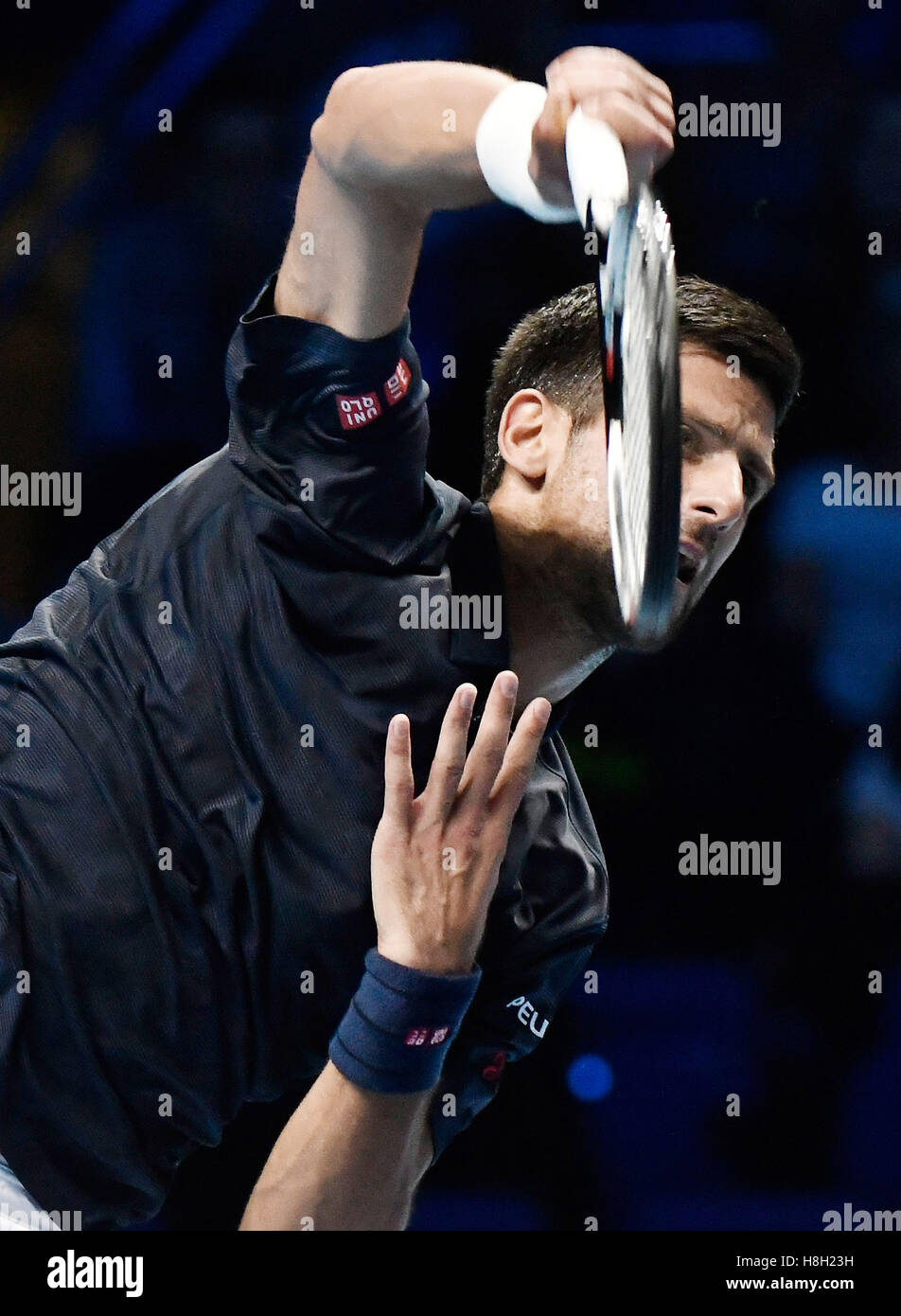 Londra, Regno Unito. 13 Novembre, 2016. Barclays ATP World Tour Finals 02 Arena Londra UK Novak Djokovic SRB v Dominic Thiem AUT Djokovic in azione durante il match che ha vinto 2-1 Credito: Leo Mason/Alamy Live News Foto Stock