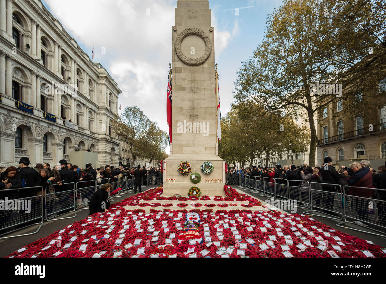 Londra, Regno Unito. 13 Novembre, 2016. Giorno del Ricordo il papavero ghirlande presso il cenotafio in Whitehall Credito: Guy Corbishley/Alamy Live News Foto Stock