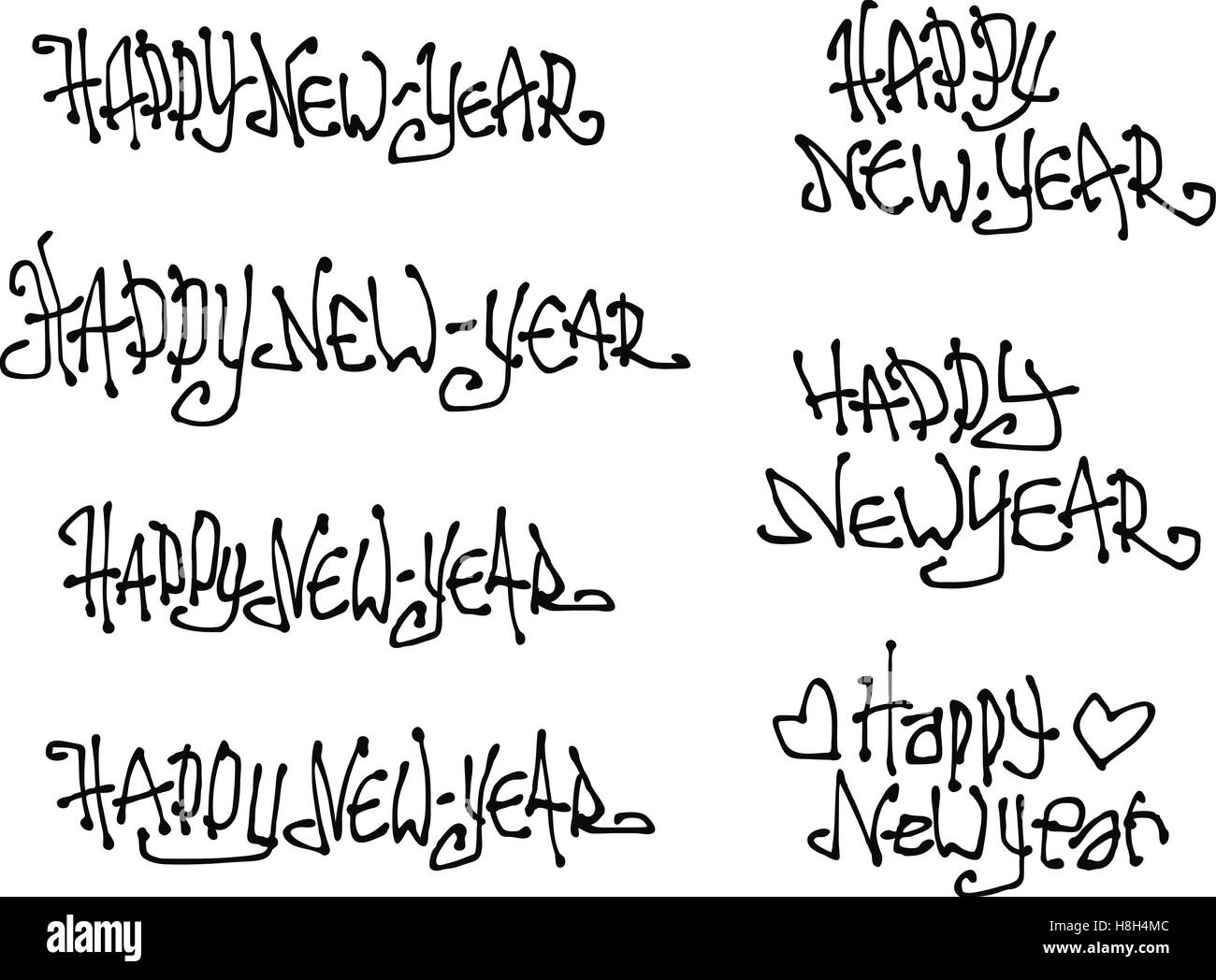 Felice anno nuovo desiderio disegnati a mano ricci liquido i caratteri Graffiti Illustrazione Vettoriale