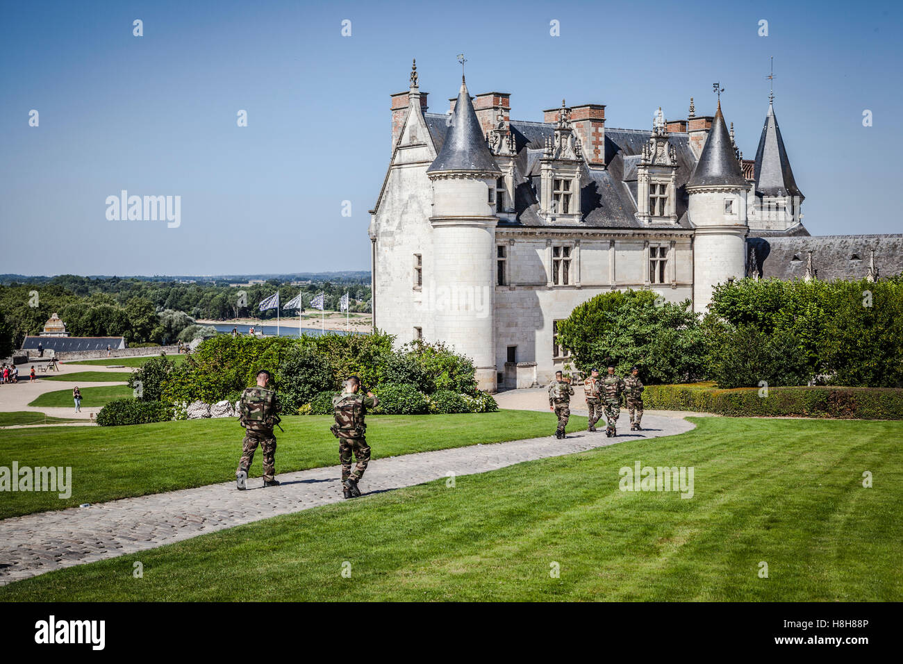 Veduta del Castello di Amboise sopra la cittadina nella valle della Loira Foto Stock