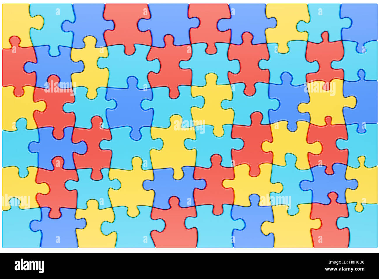 I pezzi del puzzle nella consapevolezza di autismo i colori di sfondo, rendering 3D Foto Stock