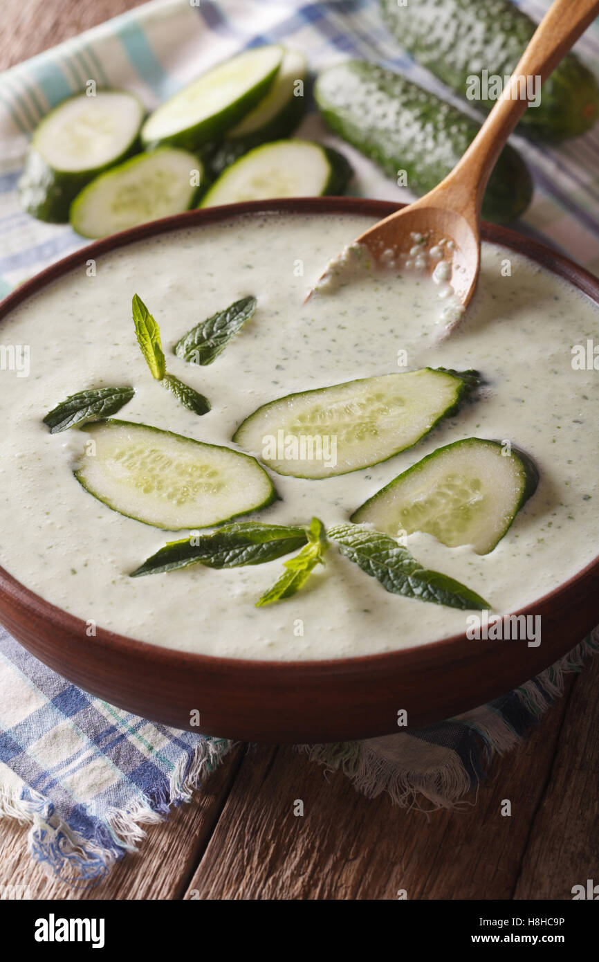 Fredda zuppa di cetriolo con la menta e lo yogurt in una ciotola di close-up. In verticale Foto Stock