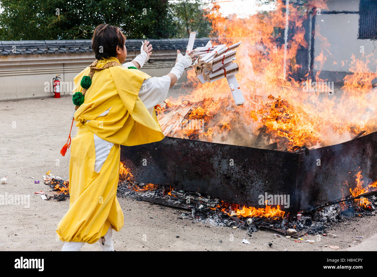 Giappone, Nishinomiya, Mondo Yakujin Tempio. Sacerdote Yamabushi in giallo accappatoi, gettando manciate di gomaki e omikuji, carte e scorre nel fuoco. Foto Stock