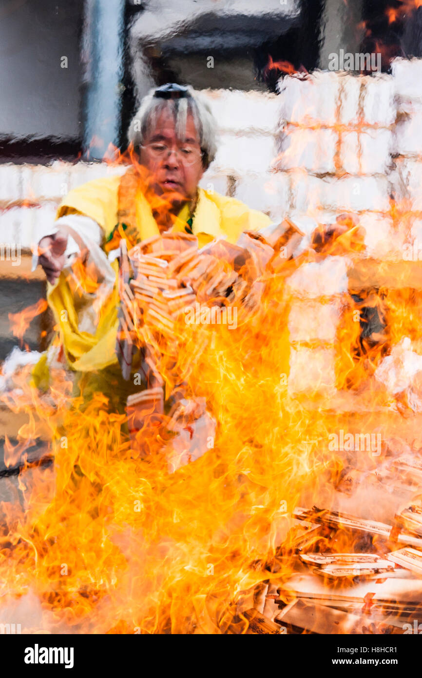 Giappone, Nishinomiya, Mondo Yakujin Tempio. Sacerdote Yamabushi in giallo accappatoi, visto attraverso le fiamme, gettando manciate di gomaki e omikuji nel fuoco. Foto Stock