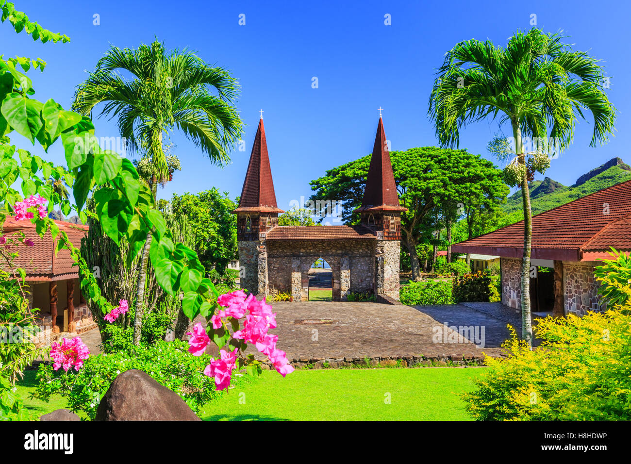 Isole Marchesi, Nuku Hiva. La cattedrale di Notre Dame. Polinesia francese. Foto Stock