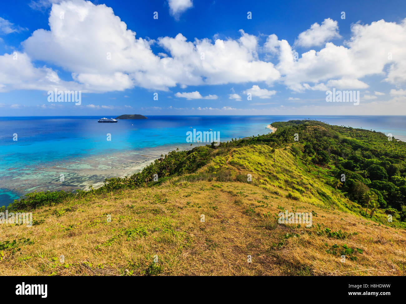 Dravuni Island, Fiji. Vista panoramica dell'isola nell'Oceano Pacifico del Sud. Foto Stock