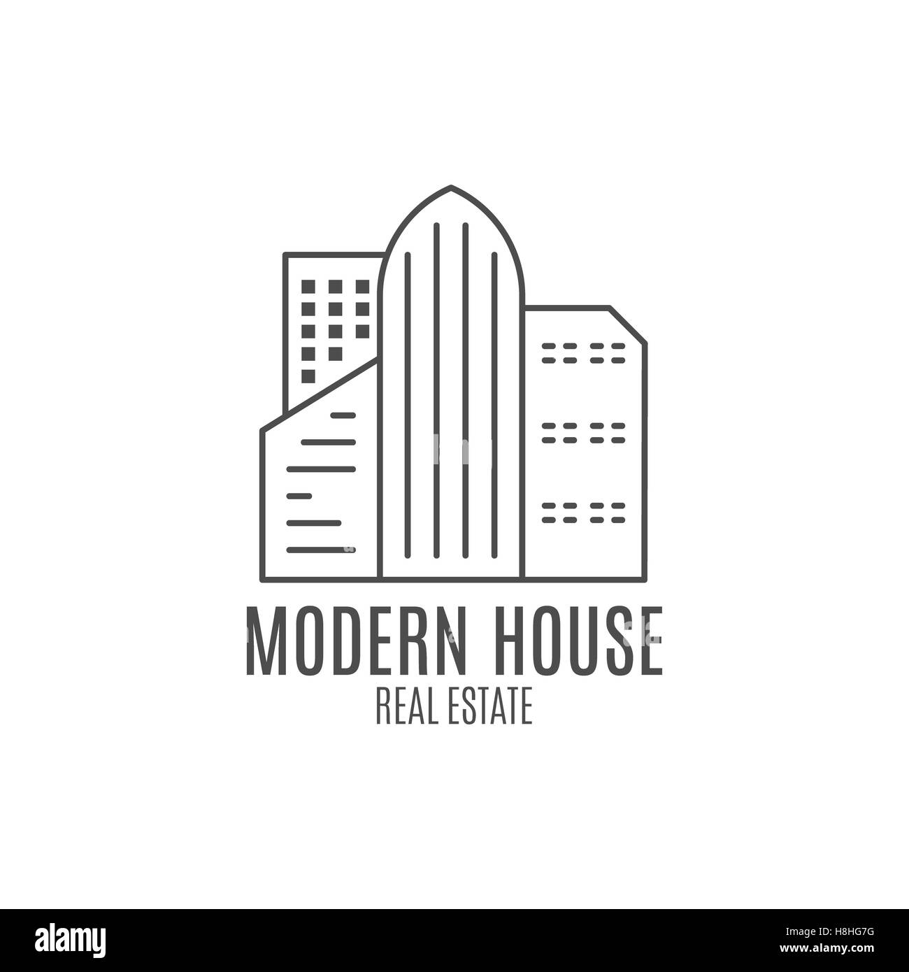 Casa moderna logo design, real estate icona adatta per info grafica, siti web e di supporti di stampa. , Appartamento , badge, etichetta, clip art. Stile Lineart. Linea sottile . Monocromatico Foto Stock