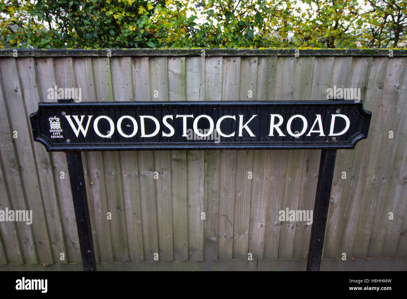 Woodstock strada segno circondato da foglie di autunno a Summertown, North Oxford, Oxfordshire, Regno Unito Foto Stock