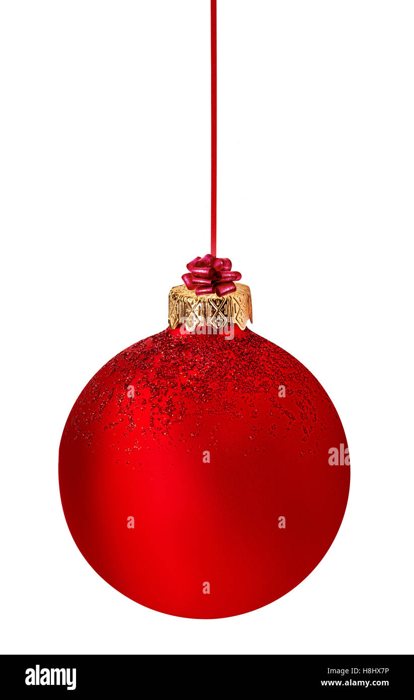 Pallina di natale appeso su nastro isolato su bianco Foto Stock