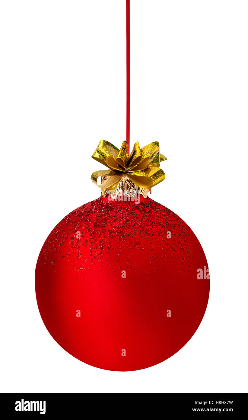 Pallina di natale appeso su nastro isolato su bianco Foto Stock