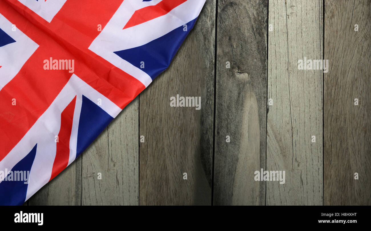 Unione Jack Regno Unito bandiera con lo sfondo di legno Banner. Foto Stock