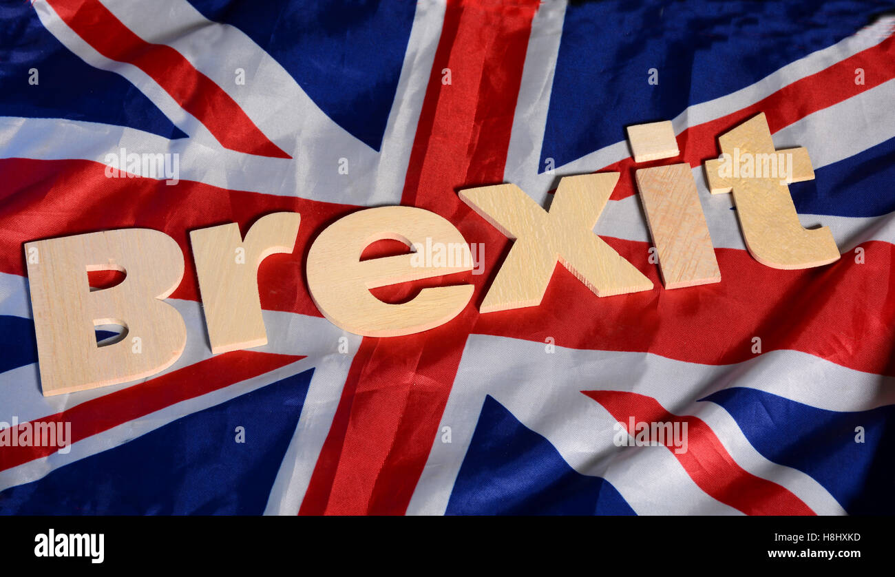 Brexit parola sulla Gran Bretagna Flag fabric. Foto Stock