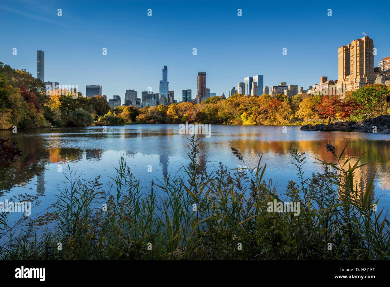 Autunno a Central Park sul lago con Midtown e Upper West Side grattacieli. Il fogliame di autunno in New York City Foto Stock