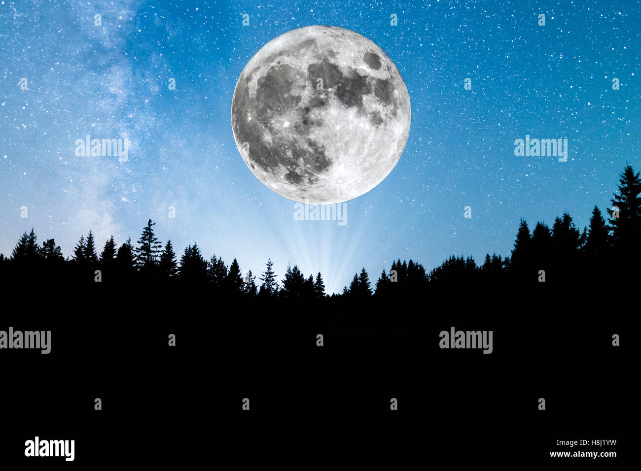 Super luna. Una vista delle stelle della Via Lattea con una silhouette di una foresta di conifere in montagna. Foto Stock