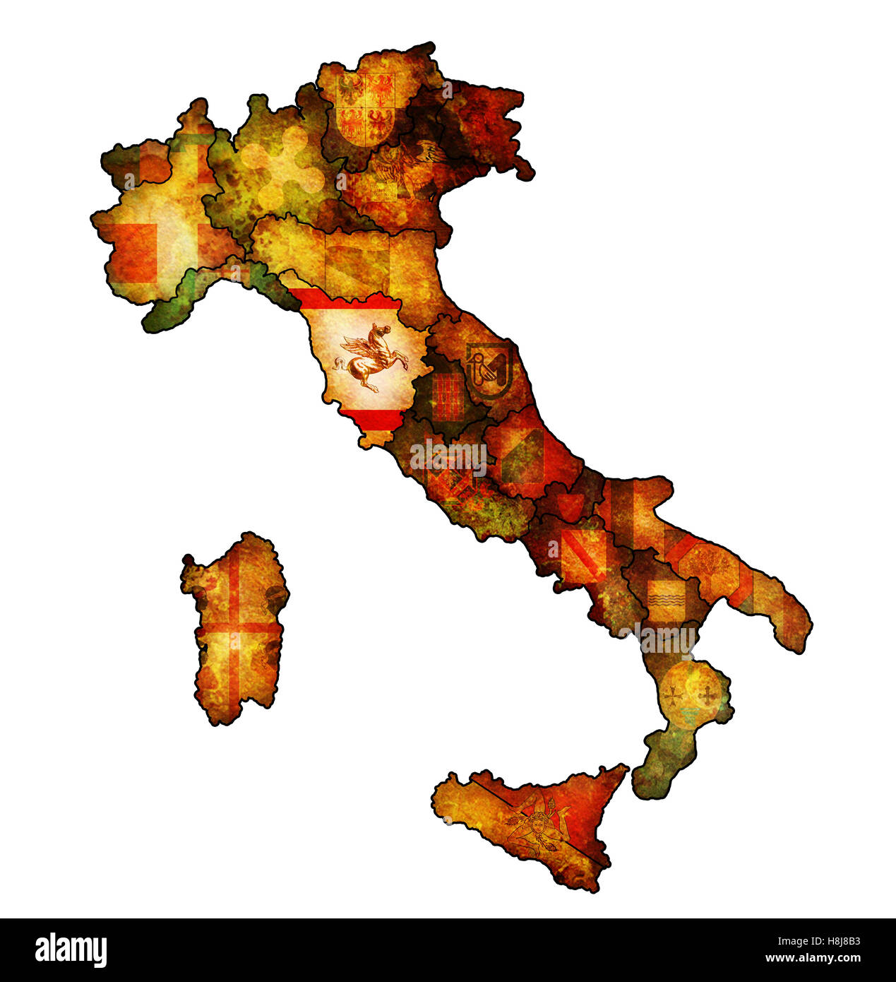 Regione Toscana sulla mappa di amministrazione di Italia con bandiere Foto Stock