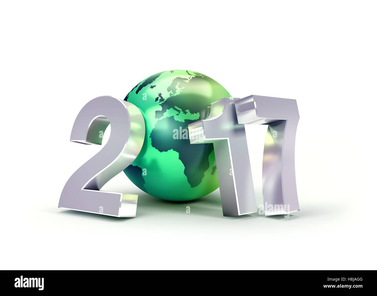 2017 Anno Nuovo tipo composto con una verde del pianeta terra, isolato su bianco - 3D illustrazione Foto Stock