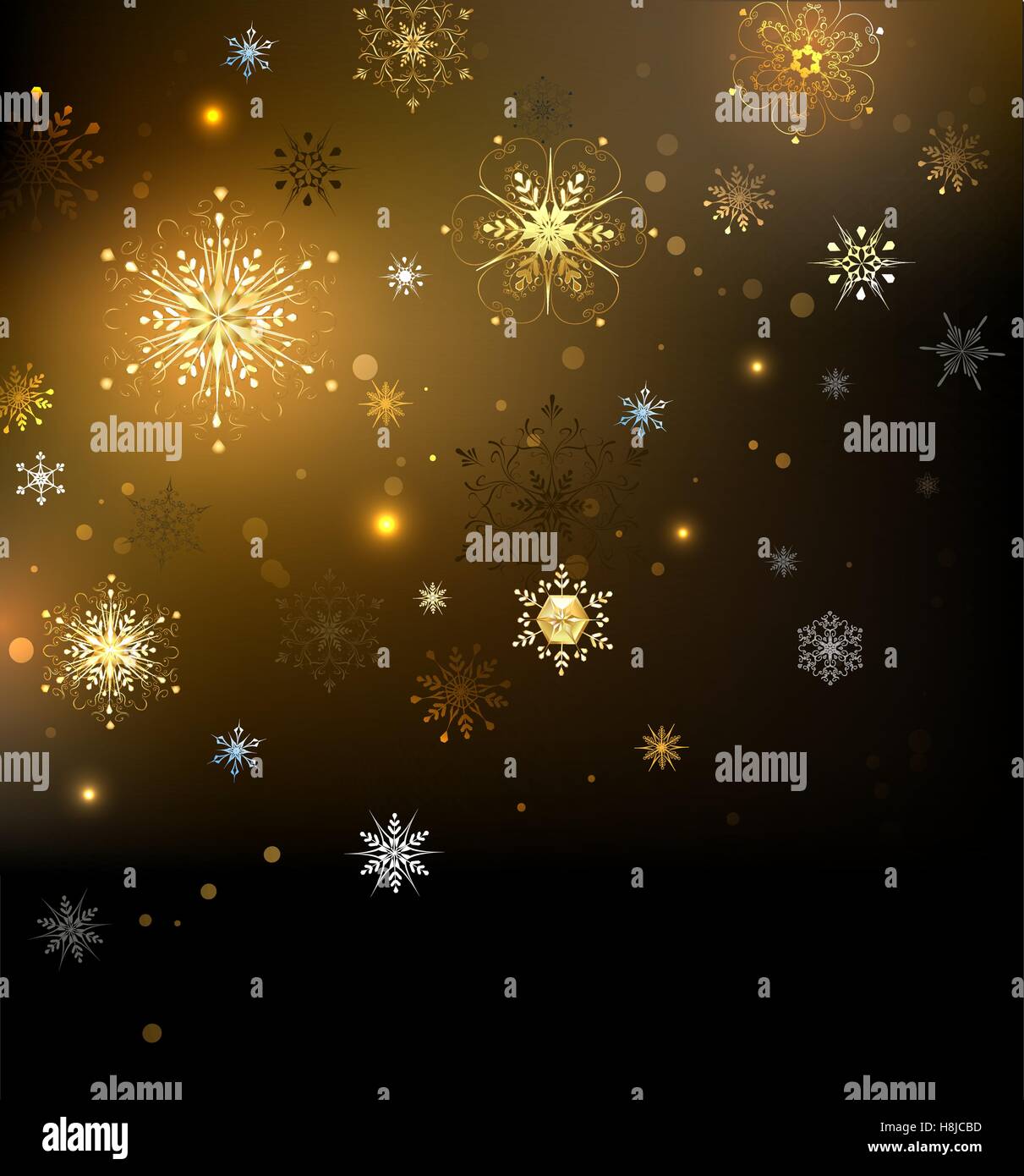 Brown, sfondo incandescente con oro fiocchi di neve. Illustrazione Vettoriale