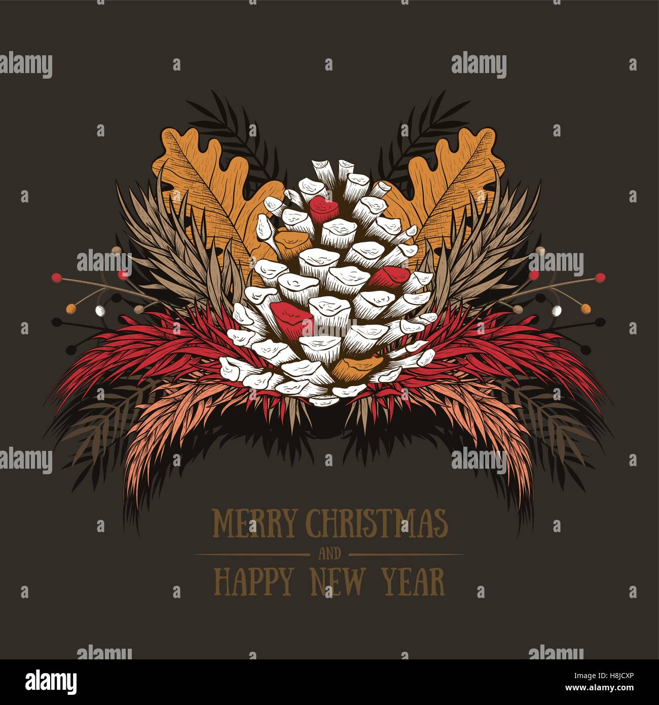 Vettore disegnati a mano design Natale naturale con elementi d'inverno. Natale greeting card design. Illustrazione Vettoriale