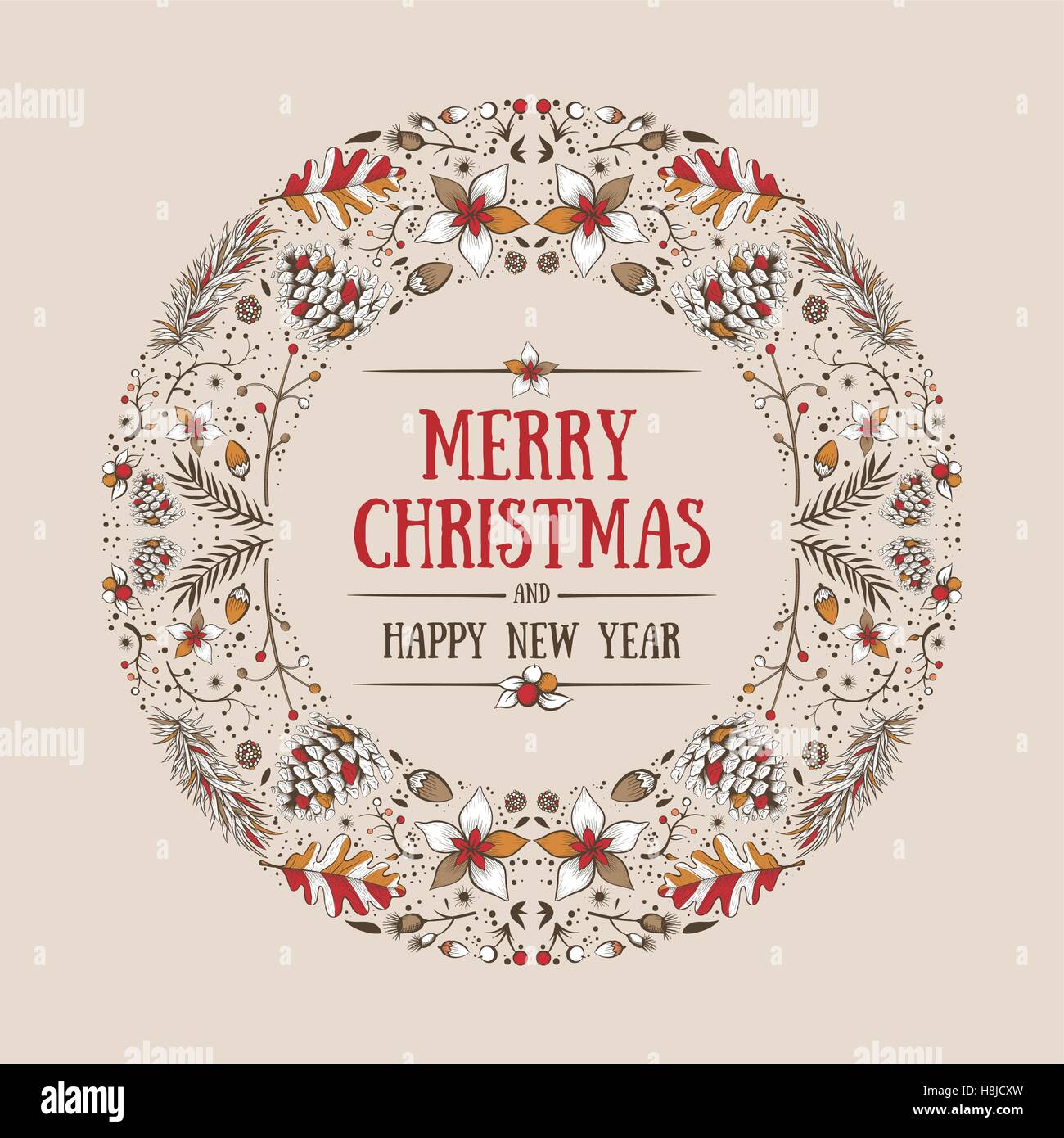 Vettore di Natale rotonda frame con disegnati a mano naturale elementi d'inverno. Natale greeting card design. Illustrazione Vettoriale