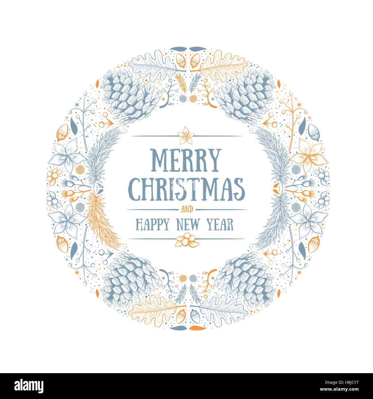 Vettore di Natale rotonda frame con disegnati a mano naturale elementi d'inverno. Natale greeting card design. Global due colori. Illustrazione Vettoriale