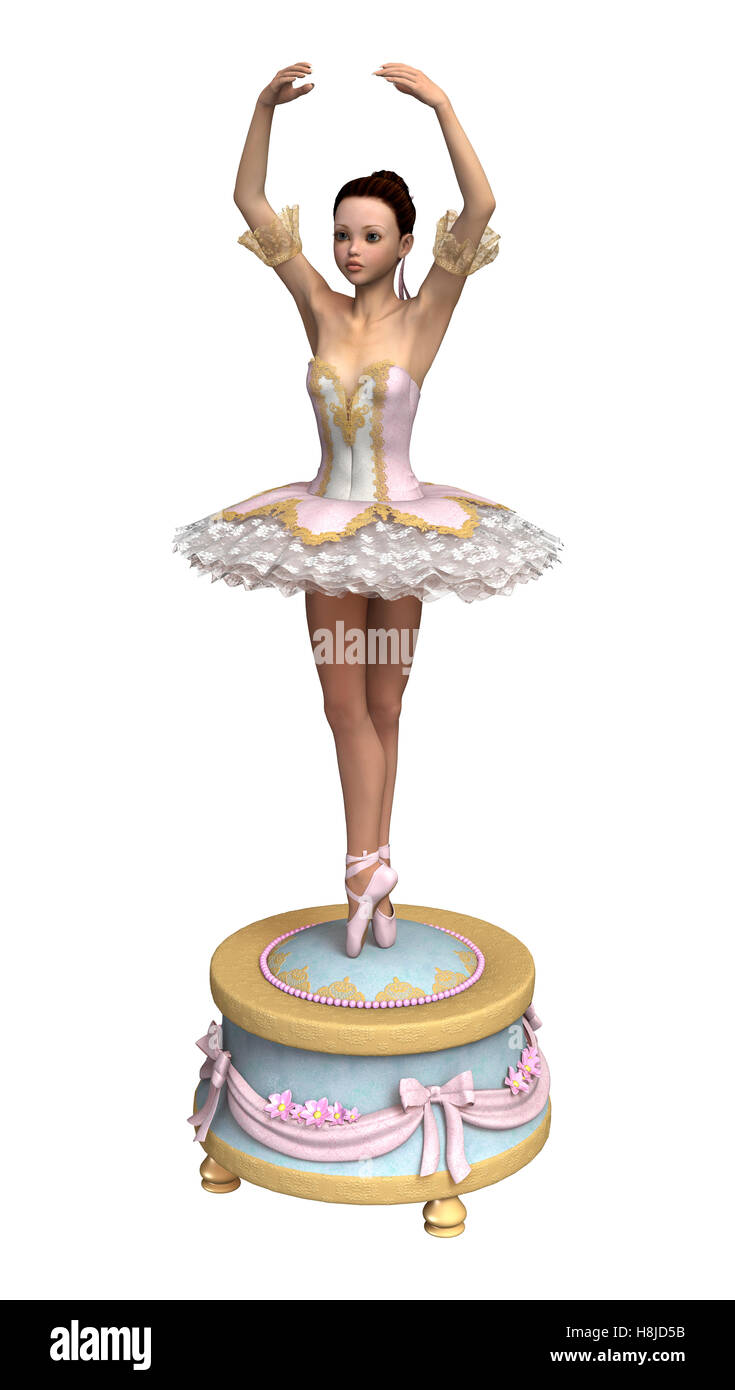 3D rendering di una bellissima femmina ballerina su un vintage music box isolati su sfondo bianco Foto Stock