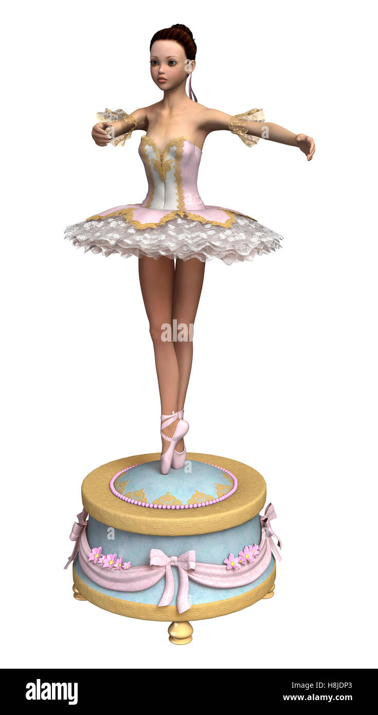 3D rendering di una bellissima femmina ballerina su un vintage music box isolati su sfondo bianco Foto Stock