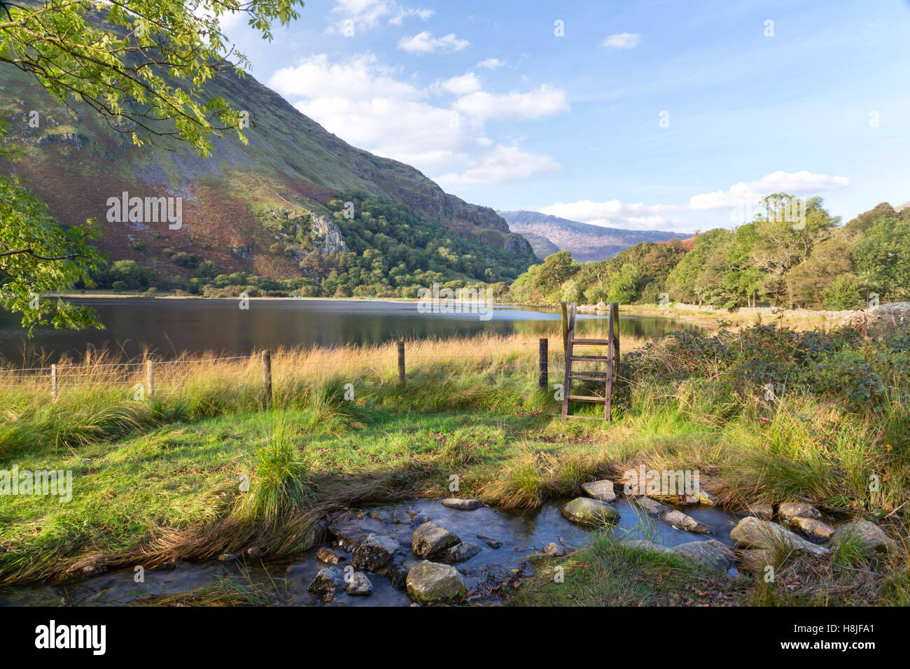 Llyn Gwynant lago nella valle Nantgwynant, Snowdonia National Park, North Wales, Regno Unito Foto Stock