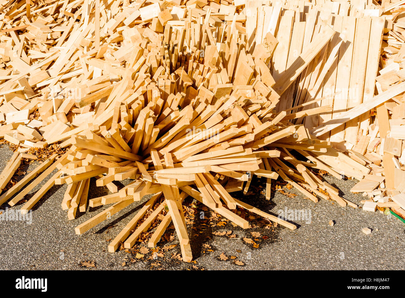 Pila di detriti di legno. Il legno è uno scarto dalla segheria e sarà realizzato in trucioli di legno e utilizzato come solido combustibile di biomassa in hea Foto Stock