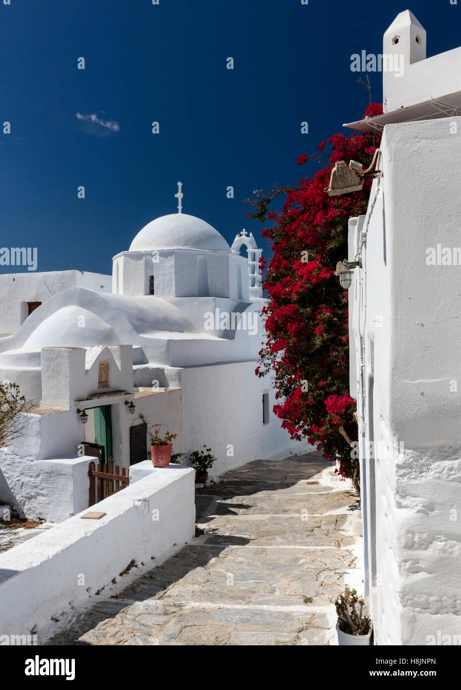 In pietra dipinta di bianco villaggio di Chora (Hora) su amorgos nelle isole Cicladi della Grecia con chiesa duomo, bouganville e case Foto Stock