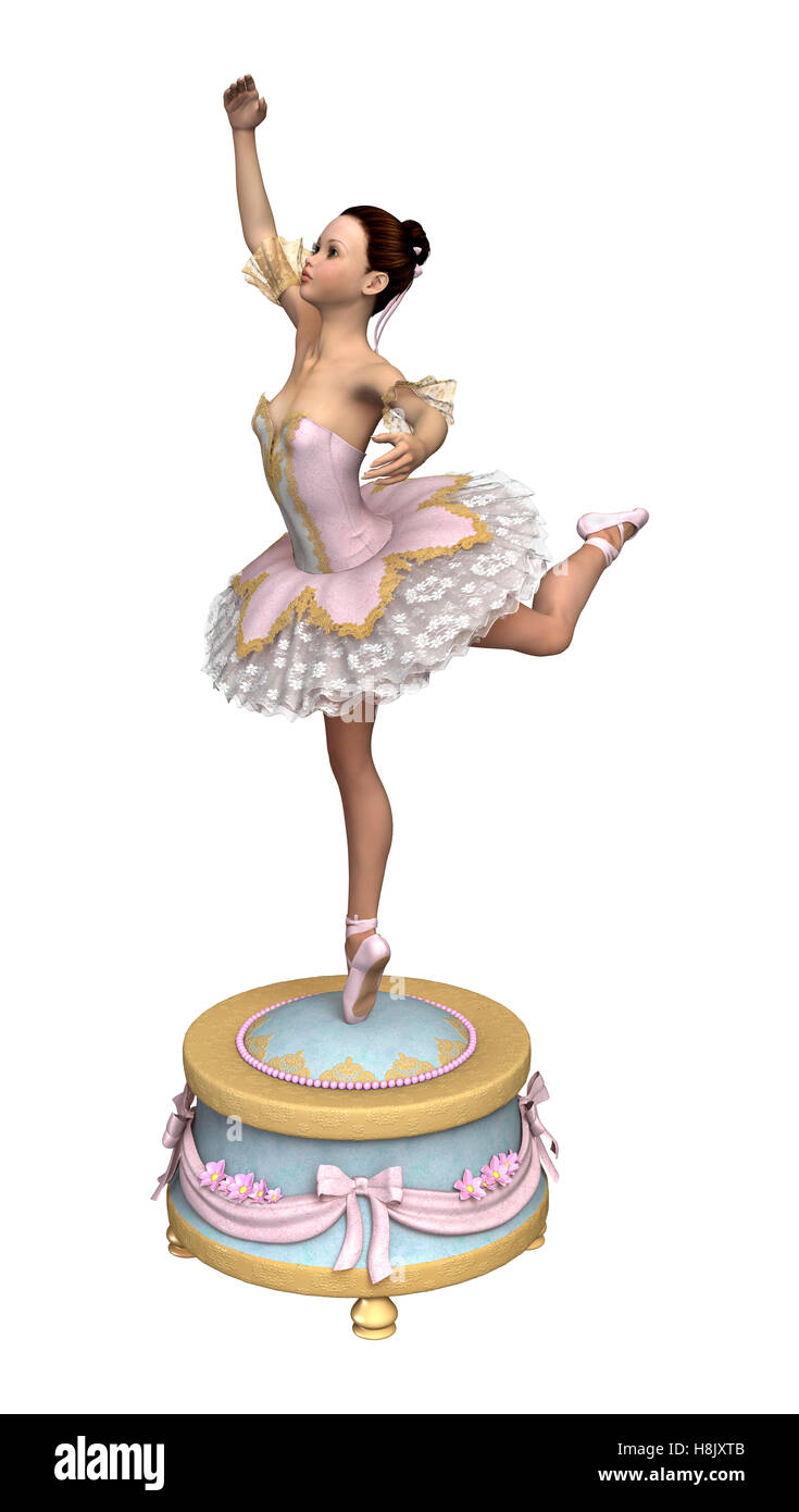 3D rendering di una bellissima femmina ballerina su un vintage music box isolati su sfondo bianco Foto Stock