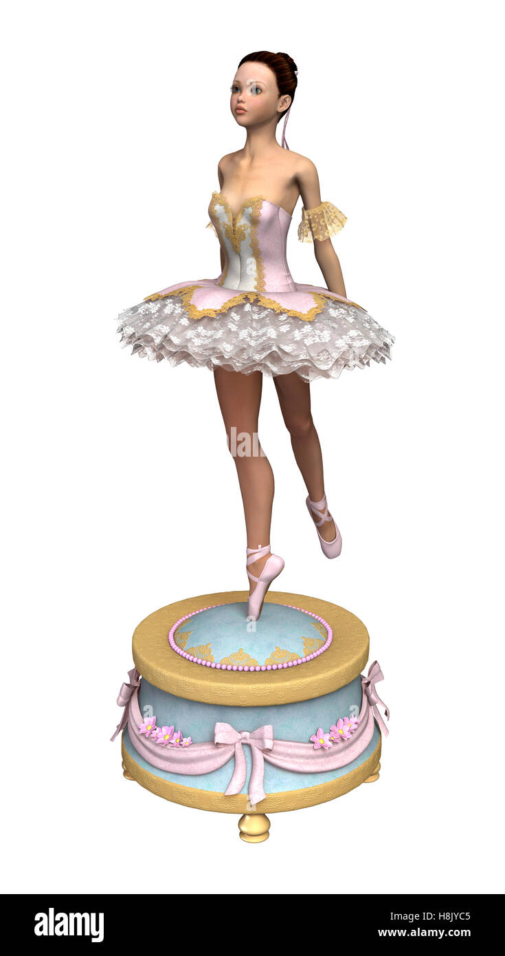 3D rendering di una bellissima femmina ballerina su un vintage music box isolati su sfondo bianco Foto Stock