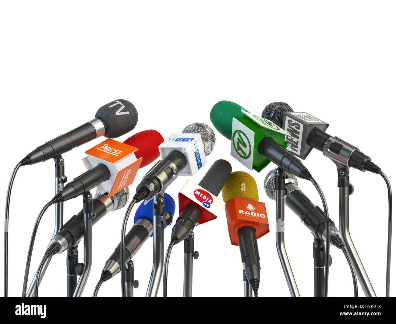 Microfoni preparati per la conferenza stampa o intervista isolati su sfondo  bianco. 3d illustrazione Foto stock - Alamy
