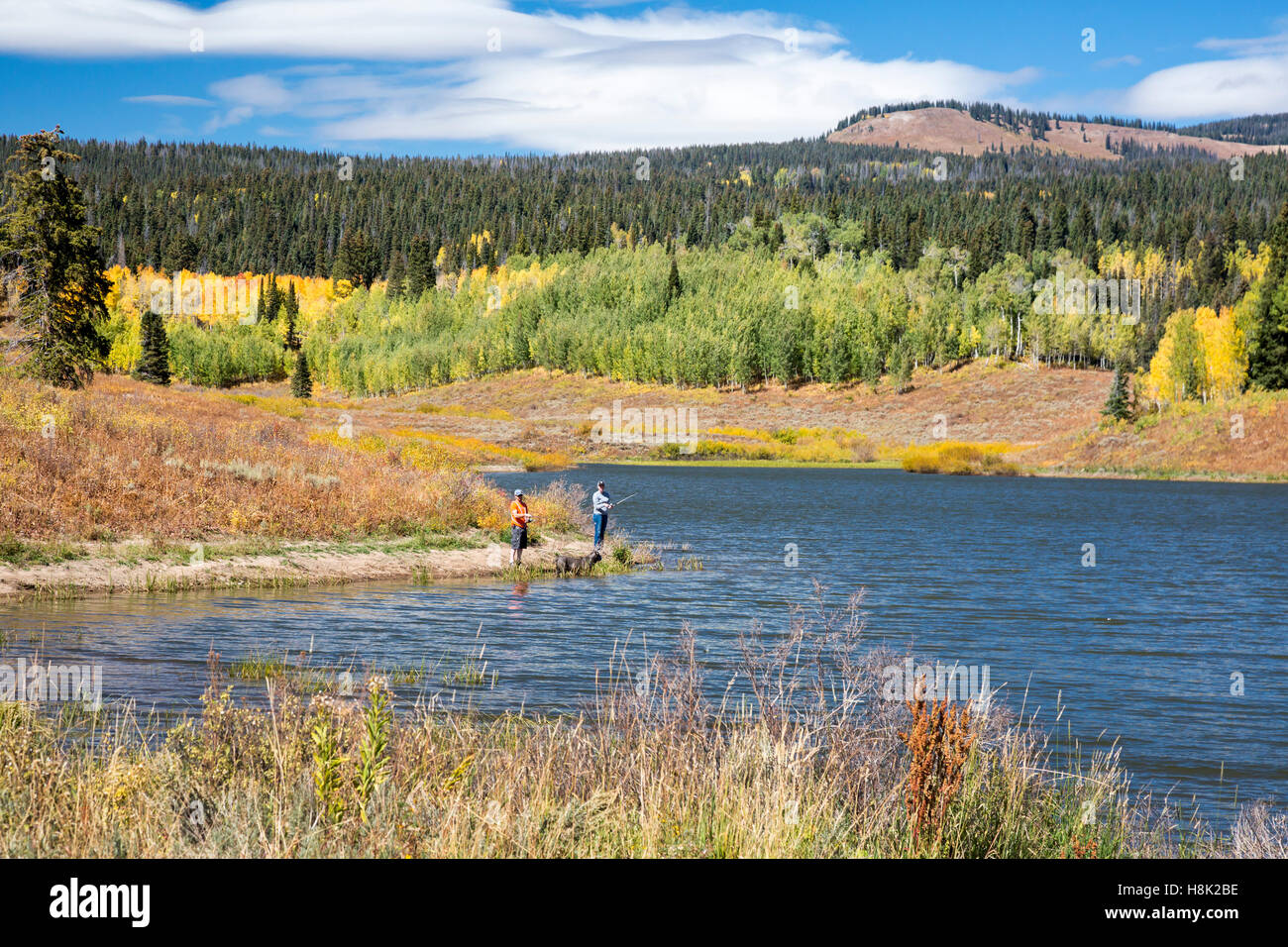 Steamboat Springs, Colorado - un uomo e una donna pesce in terreni fangosi superare il lago sulla Divisione Continentale. Foto Stock