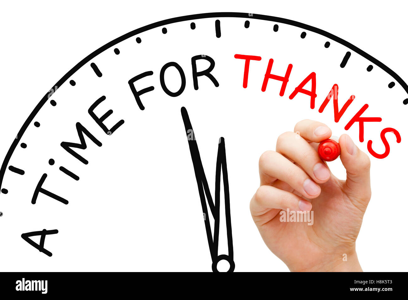 La scrittura a mano un tempo di grazie con marcatore sul panno trasparente stampato. Foto Stock