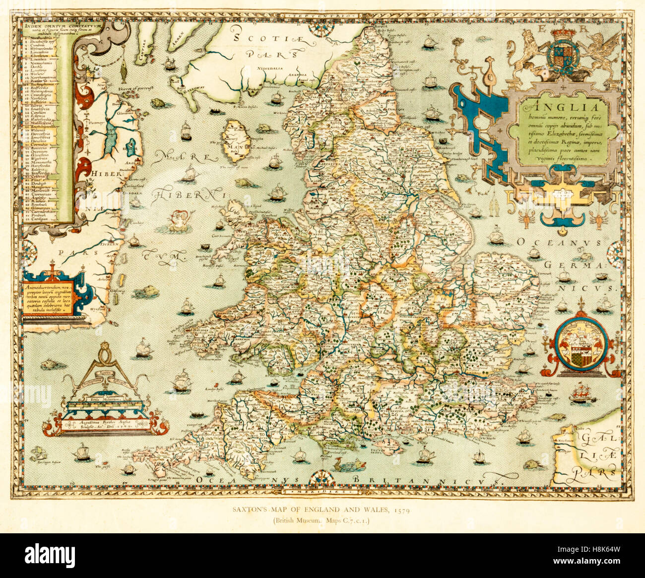 Christopher Saxton la mappa di Inghilterra e Galles (1579), parte del 'Atlante delle contee di Inghilterra e Galles Foto Stock
