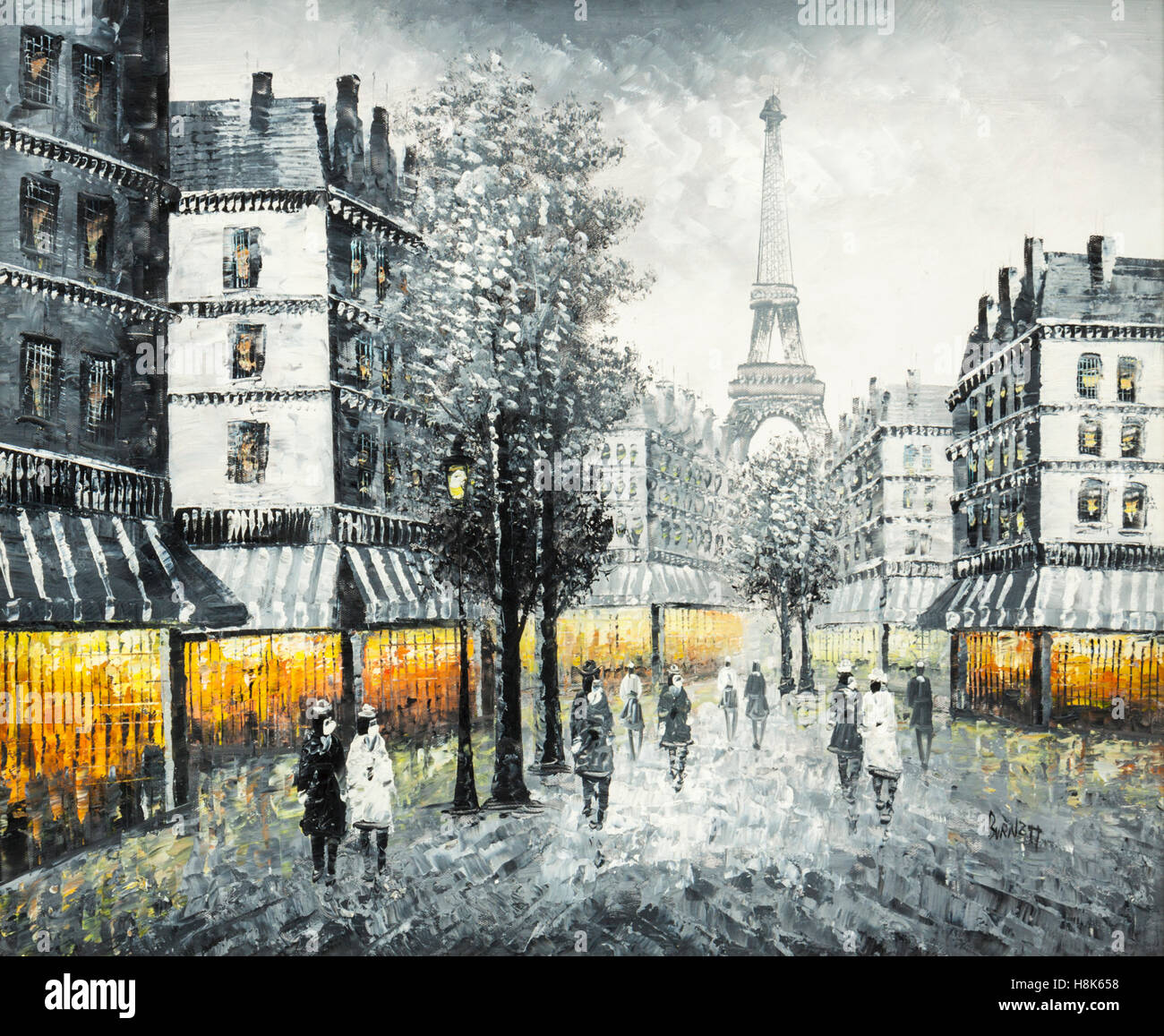 Olio originale pittura su tela di una Parigi street scene, firmato "Burnett' Foto Stock