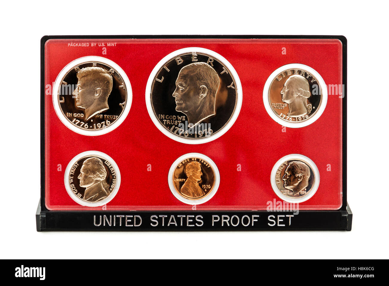 1976 Stati Uniti per il Bicentenario del set di prova. Ciascuna serie conteneva sei monete: Un esempio ogni del Lincoln Cent, Jefferson nichel, Foto Stock