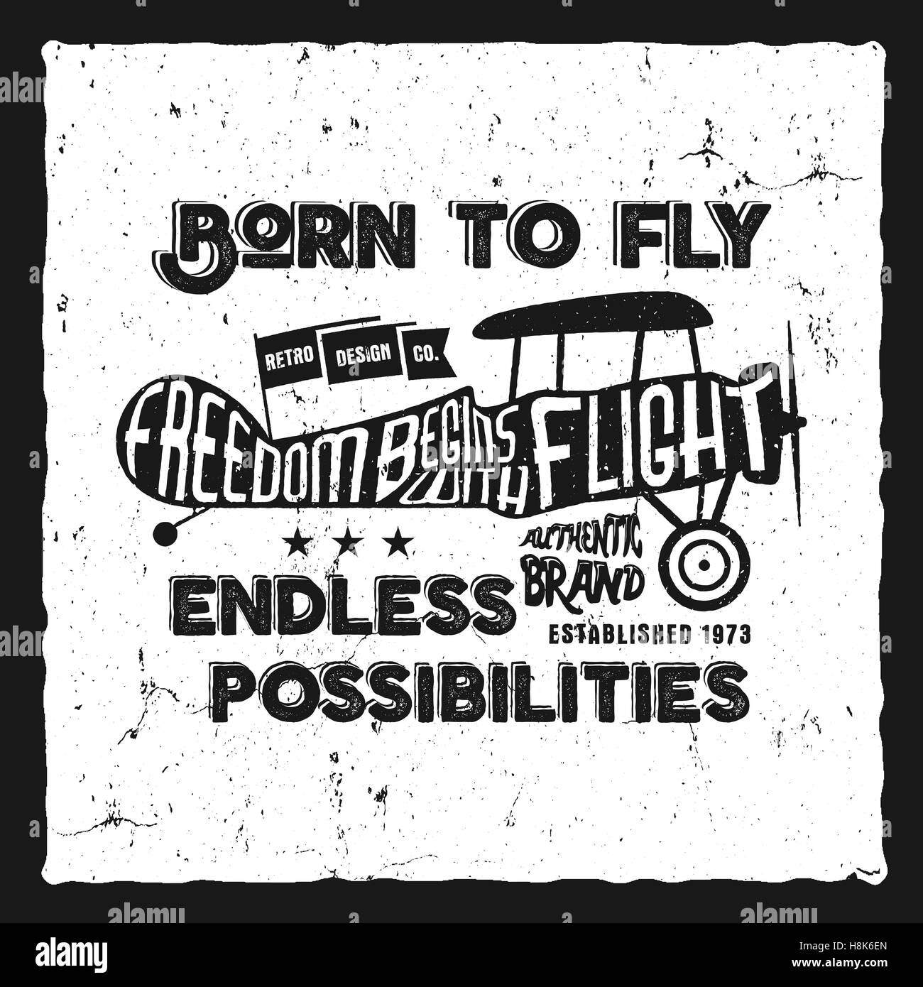 Vintage aereo lettering per la stampa. Stampe di vettore, vecchia scuola poster di aeromobili. Retrò air show t shirt design con testo motivazionale. Tipografia print design. Biplano, nato a volare stile. Illustrazione Vettoriale
