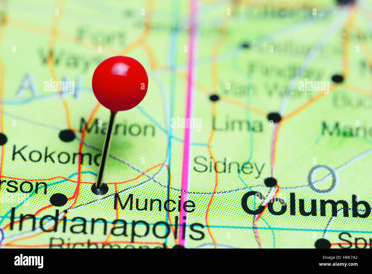 Muncie imperniata su una mappa di Indiana, STATI UNITI D'AMERICA Foto Stock