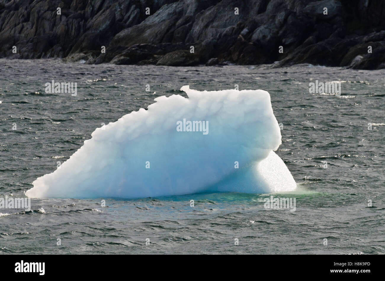 Bianco brillante iceberg sull' acqua scura e sfondo rock Foto Stock