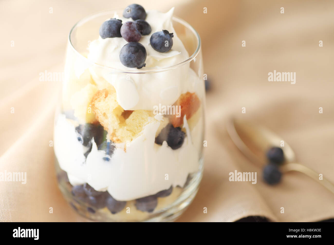 Piccolo, individuale inezia dolce fatto con mirtilli freschi, panna montata e ciambellone Foto Stock