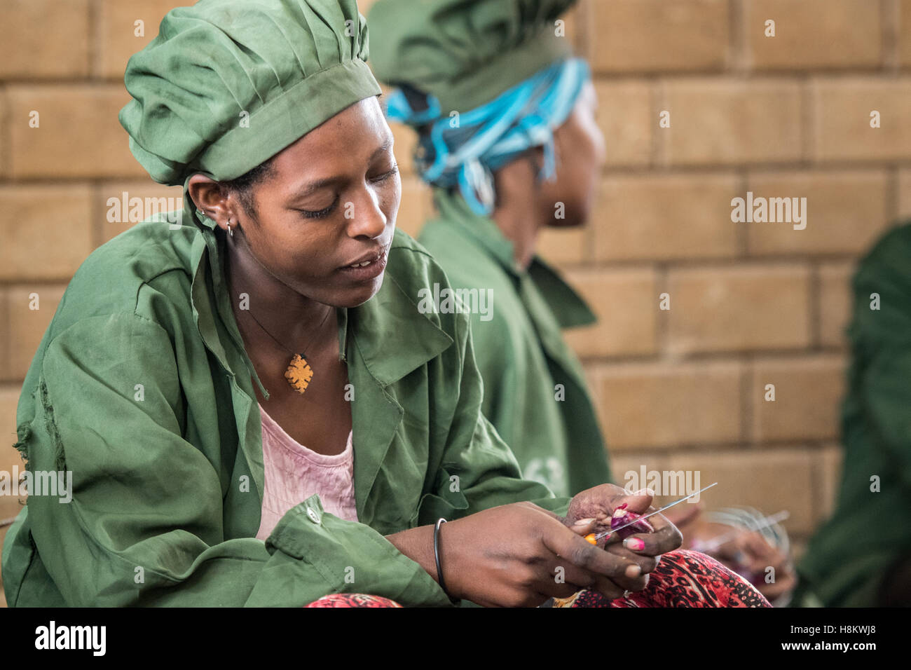Meki Batu, Etiopia - i lavoratori di sesso femminile Sbucciare le cipolle di valore aggiunto a coltivatori di frutta e vegetali cooperativa in Meki Batu. Foto Stock